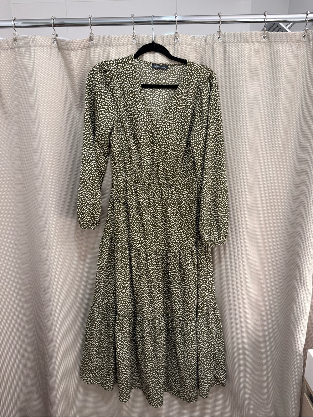 Long Sleeve Olive Green Printed Tiered Maxi Dress